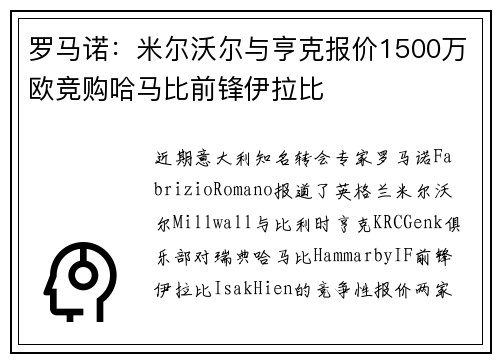 罗马诺：米尔沃尔与亨克报价1500万欧竞购哈马比前锋伊拉比