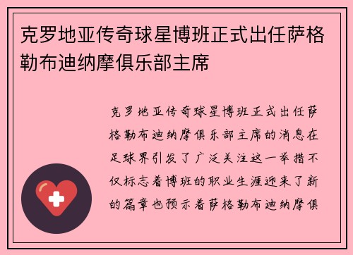 克罗地亚传奇球星博班正式出任萨格勒布迪纳摩俱乐部主席